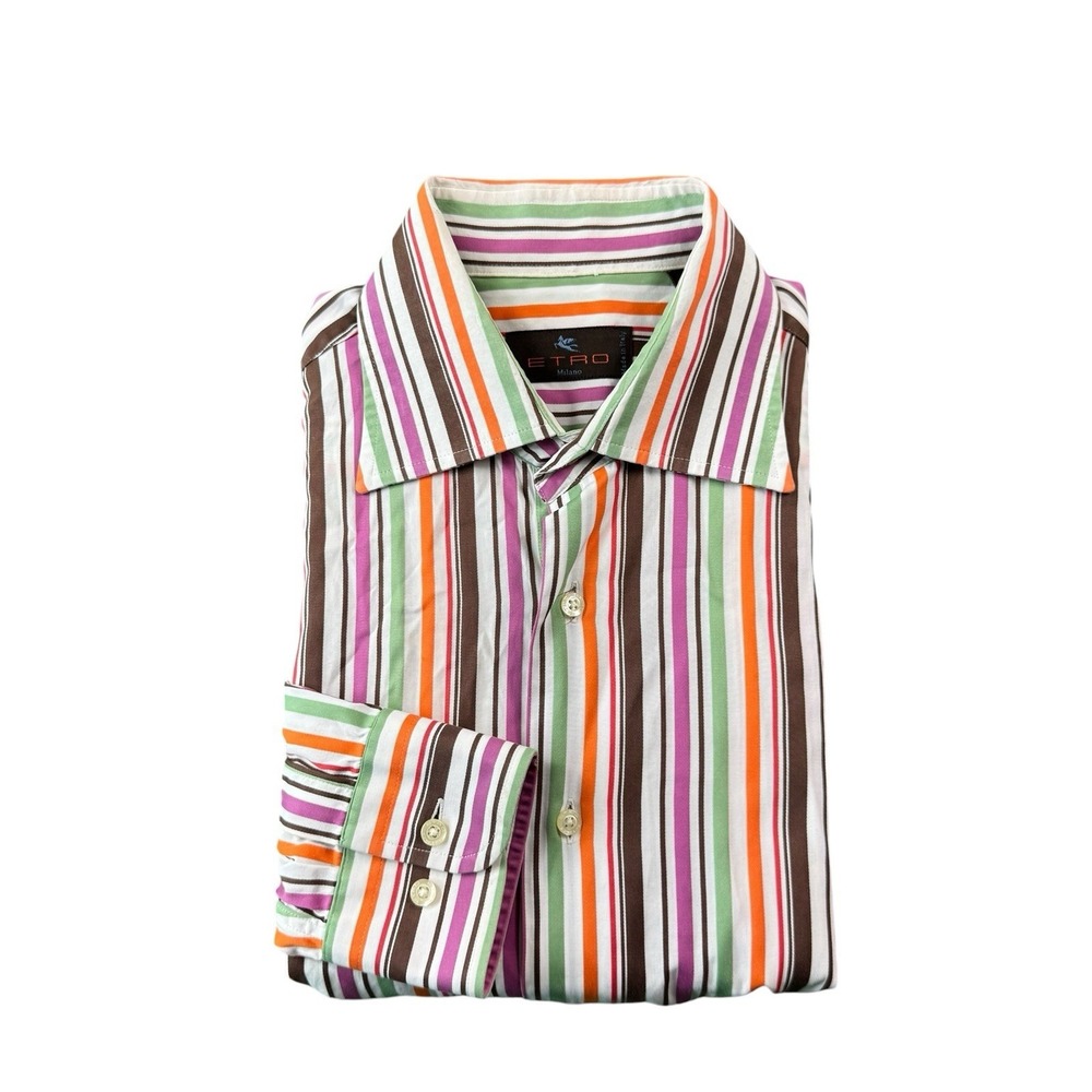 Etro Milano Brown Orange Green Striped Cotton Button Front Size 41